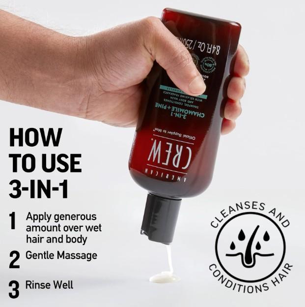 Produktbild American Crew 3-in-1 Chamomile & Pine Shampoo, Conditioner & Body Wash (1000 ml, Flüssiges Shampoo)