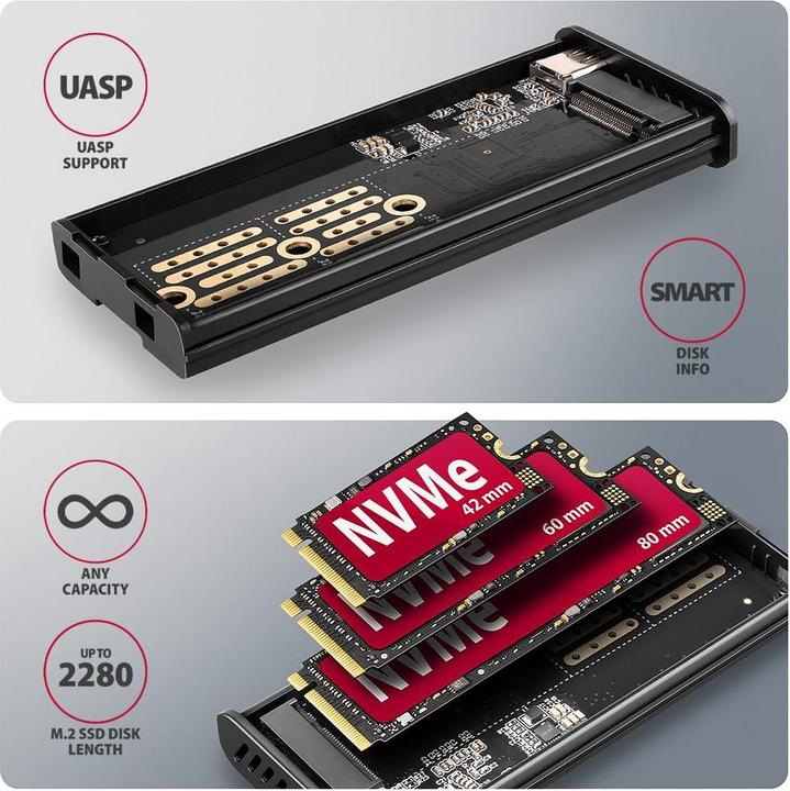 Produktbild Axagon Boitier externe USB-C 3.2 EEM2-SD2 - S-ATA/NVMe M.2 Type 2280 (Noir) (M.2)