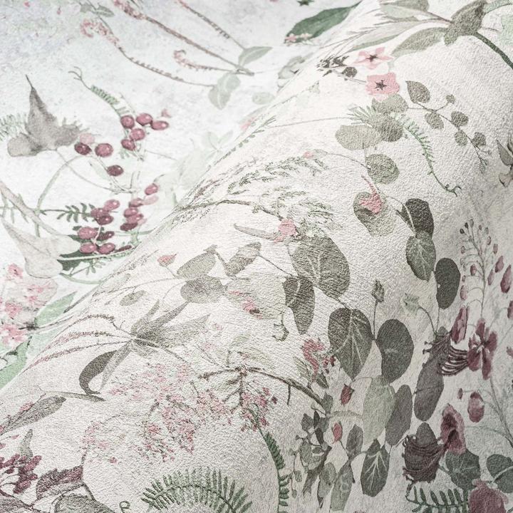 A.S. Création Tapete Küche Landhaus Vlies Blumentapete Vliestapete Blumenwiese Lila Weiss Grün (53 x 1005 cm)