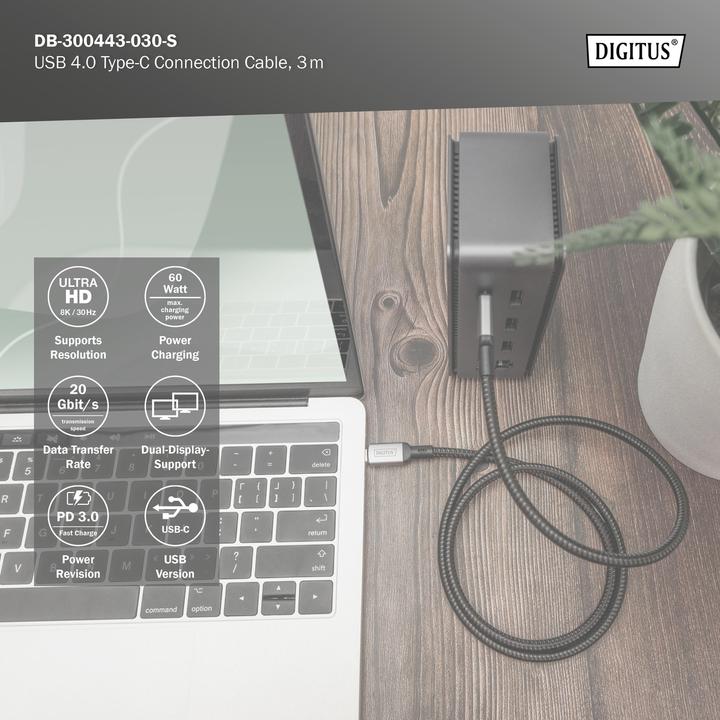 Produktbild Digitus USB C – USB C (3 m, USB 4.0, 60 W)