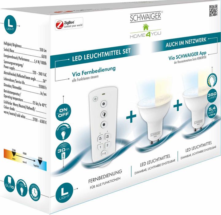 Actual product image Schwaiger A+, 350 lm, 5 kWh, 2700 - 6500 K, ZigBee v3.0, 2x GU10 (GU10, 5.40 W, 350 lm, 2 x, G)