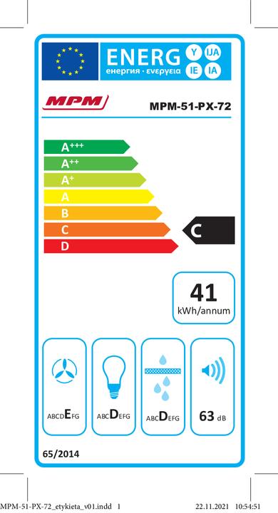 Energy Label MPM Table bonnet MPM-51-PX-72 175 m3/h Black (Substructure hood)