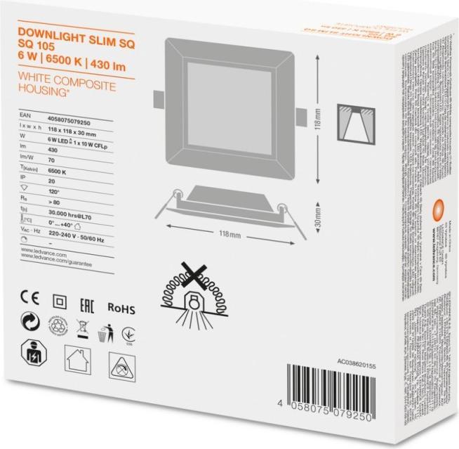Produktbild Ledvance LED Downlight Einbauleuchte flach Downlight Slim square 105 6W/6500K WT 6W 6500K 430lm 30000h whi... (430 lm)