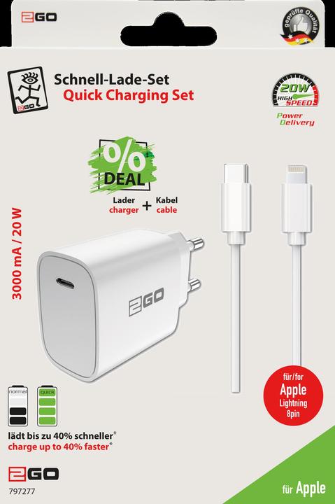 Image du produit 2GO Kit de charge secteur Power Delivery blanc Lightning 1x USB Type C (20 W, 1 portion)