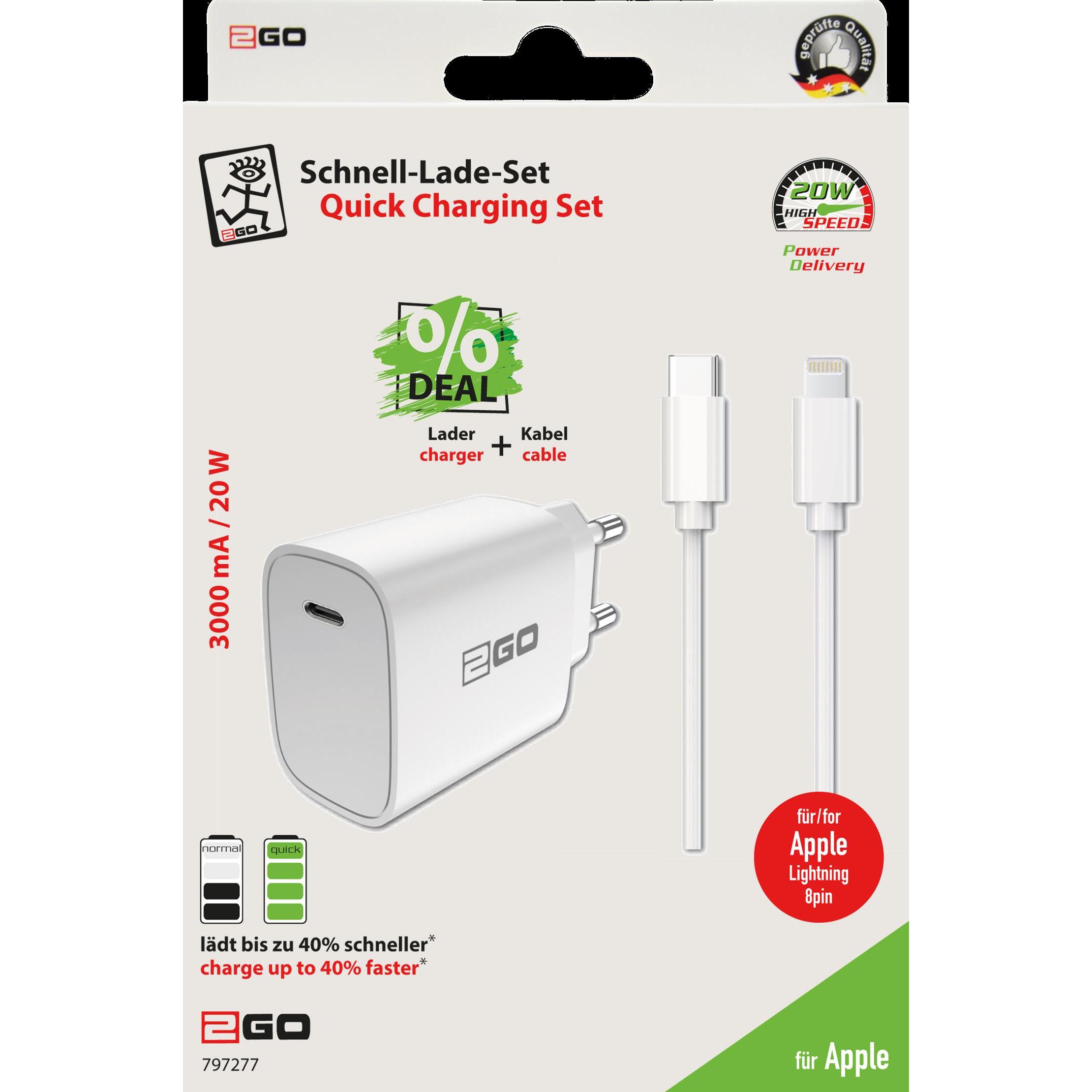 Thumbnail - 2GO Netz-Ladeset Power Delivery weiss Lightning 1x USB Type C (20 W), USB Ladegerät, Weiss