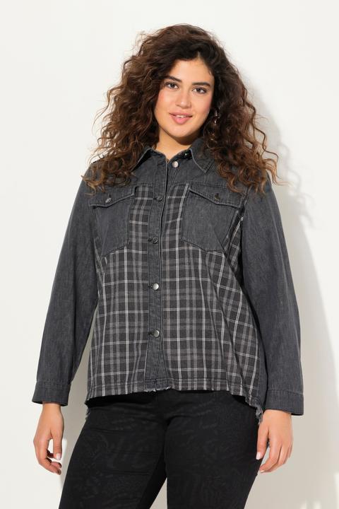 Immagine prodotto Ulla Popken Camicia di jeans con inserto in flanella, collo da camicia, frange e maniche lunghe (50, 52)