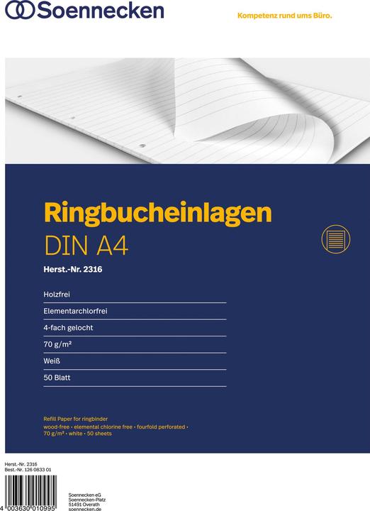 Produktbild Soennecken Ringbucheinlage Papierformat: DIN A4 Ausführung der Lineatur: liniert (70 g/m², 50 x, A4)