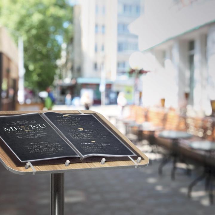 Actual product image Securit Menu stand, made of wood and stainless steel
