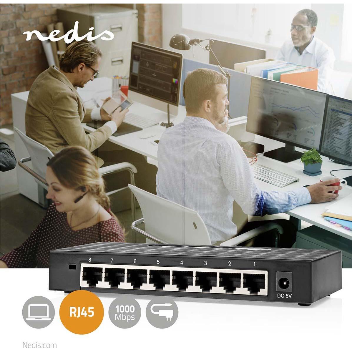 Thumbnail - Nedis Netzwerkschalter Wired Geschwindigkeit: Gigabit Anzahl Ethernet-Ports: 8 (8 Ports), Netzwerk Switch, Schwarz
