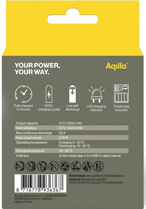 Produktbild Aqiila - USB-C Wiederaufladbare Batterie - AA - 2000 mAh - 4er-Pack (4 Stk., AA, 2000 mAh)