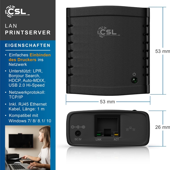 Actual product image CSL LAN print server, USB print server, power supply unit, Fast Ethernet, for PC Windows Vista, XP