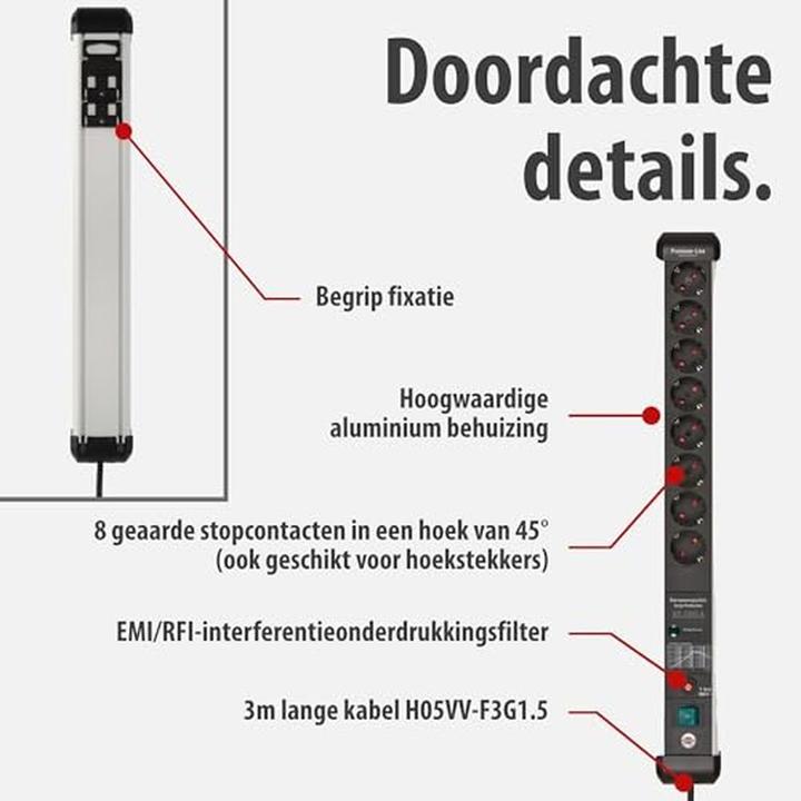 Produktbild Brennenstuhl Premium Protect-Line PDU, 8 sockets, 3m, Silver/gray, with switch and surge protecti...