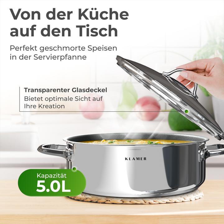 Produktbild KLAMER 28cm Induktion Servierpfanne, Antihaft, Backofenfest, inkl. Deckel (28 cm, Bratpfanne, Edelstahl)