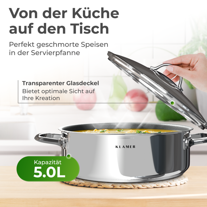Actual product image KLAMER 28cm induction serving pan, non-stick, ovenproof, incl. lid (28 cm, Casserole + Stewpot, Stainless steel)