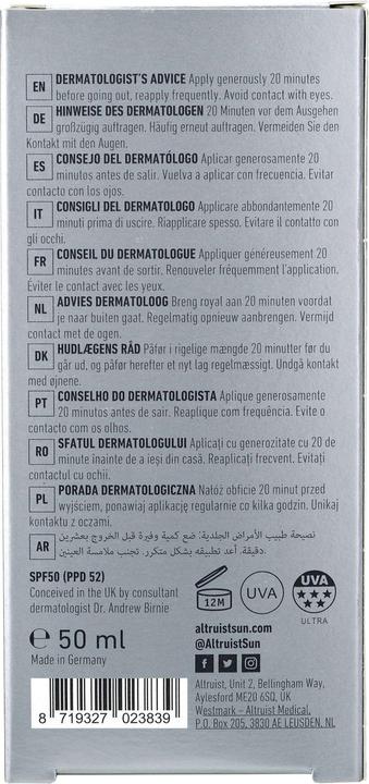 Actual product image Altruist Dermatologist Sunscreen Fluid SPF 50ml - White Unscented (Sun cream face, SPF 50, 50 ml)