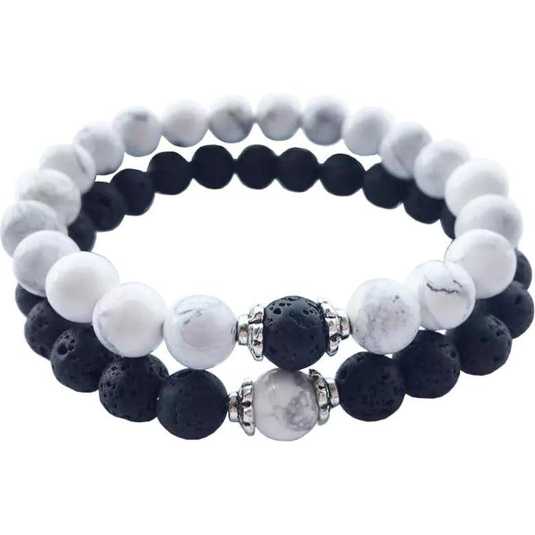 JTI, Armschmuck, Paarschmuck - Weisse und schwarze Armbänder aus Naturstein, (Nylon, Vulkangestein, Metall, Weisstürkis)