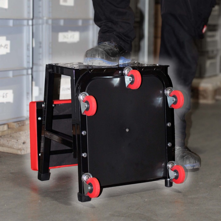 Actual product image Wiltec Rolling Workshop Seat with Step Stool up to 160 kg Mobile Garage Seat with Rack and Step