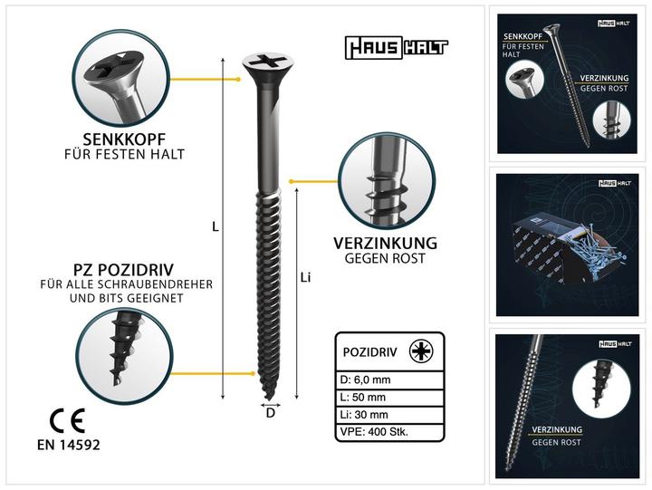 Actual product image Haushalt Universal wood construction screw wood screw 6,0 x 50 mm PZ3 400 pcs ( 2x 000051371227 ) silver (400 Screws per piece)