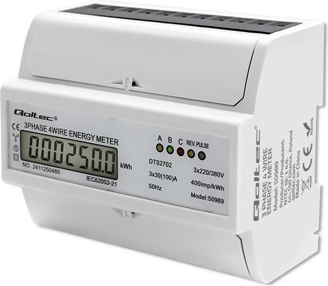 Image du produit Qoltec Compteur électronique triphasé Rail DIN 400V 100