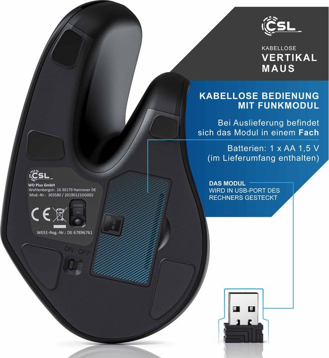 Actual product image CSL ergonomic mouse, wireless, cordless vertical mouse, vertical mouse arm-friendly & ergonomic (Wireless)