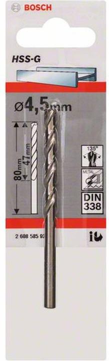 Immagine prodotto Bosch Professional Zubehör Trapano per metallo HSS-G, DIN 338, 4,5 x 47 x 80 mm, confezione da 1 pz. (4,5 mm)