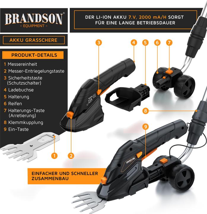 Produktbild Brandson Akku Grasschere, elektrische Garten Strauchschere, Teleskopstange 90-130 cm mit Rädern, Rasenschere (Akkubetrieb, Netzbetrieb)