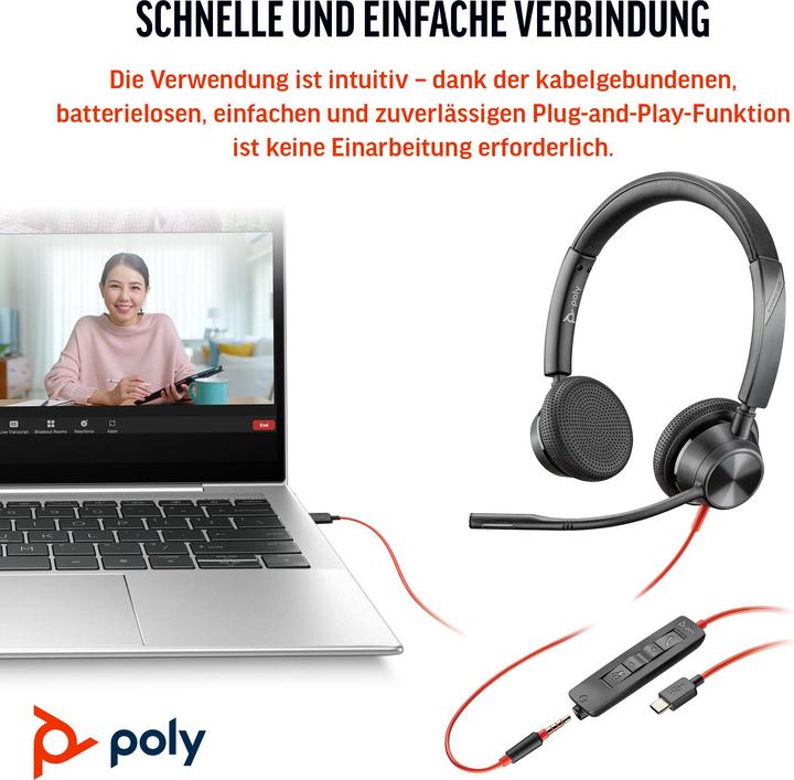 Actual product image Poly Blackwire 3325 Stereo Microsoft Teams Certified USB-C Headset +3.5mm Plug +USB-C/A Adapter (Cable, USB-C, Microsoft teams)