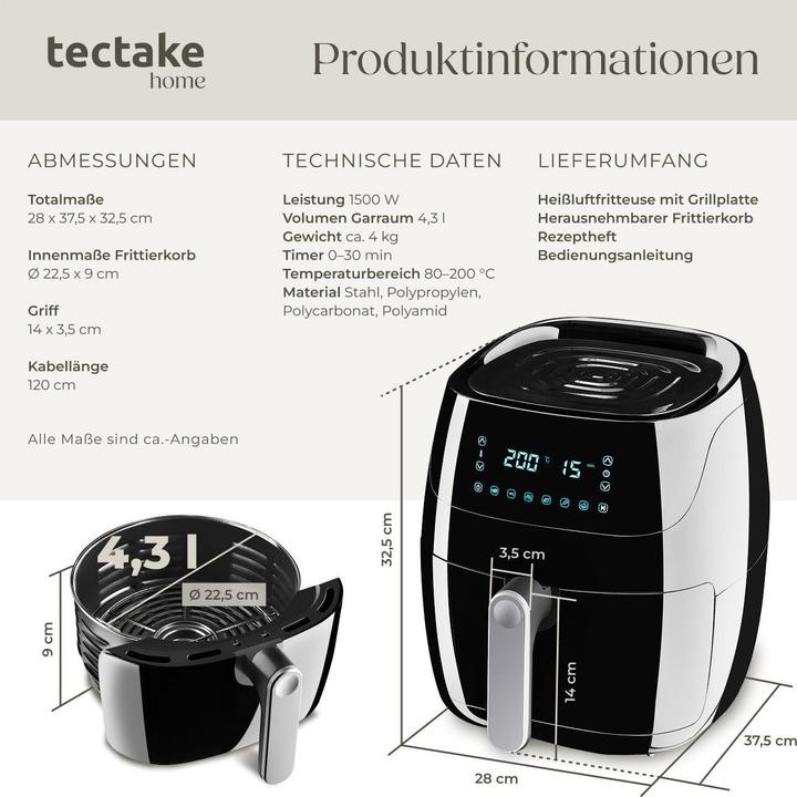 Actual product image tectake Air fryer Yaiza - 4.3 l capacity - Recipes booklet included