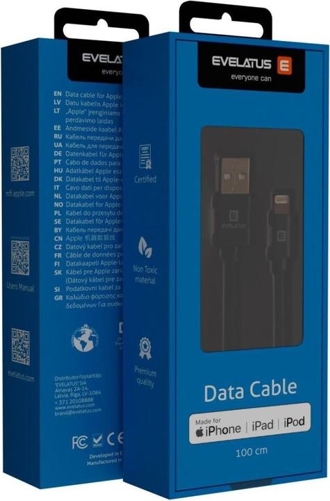 Image du produit Evelatus Câble USB Cable Lightning 1m Data Cable MFI02 Black MFi Licensed (1 m, USB 3.0)