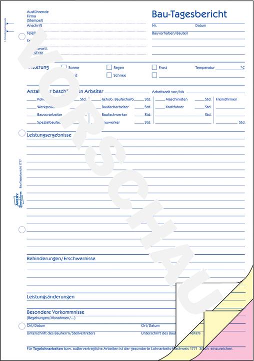 Nährwerte und Zutaten Avery Bau-Tagesbericht (40x)