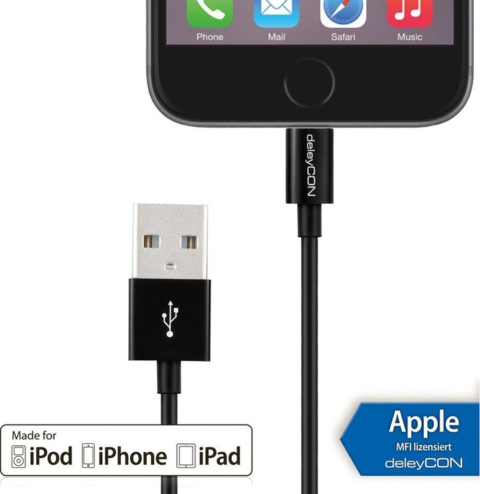 Actual product image deleyCON Lightning USB cable 2m, black (2 m, USB 2.0)