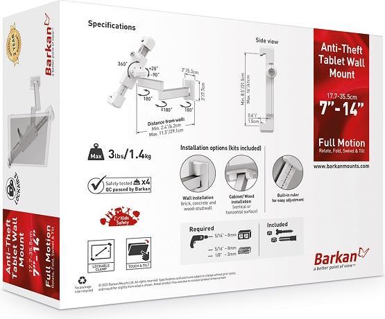 Image du produit Barkan Support mural pour tablette 7-14", verrouillable, blanc