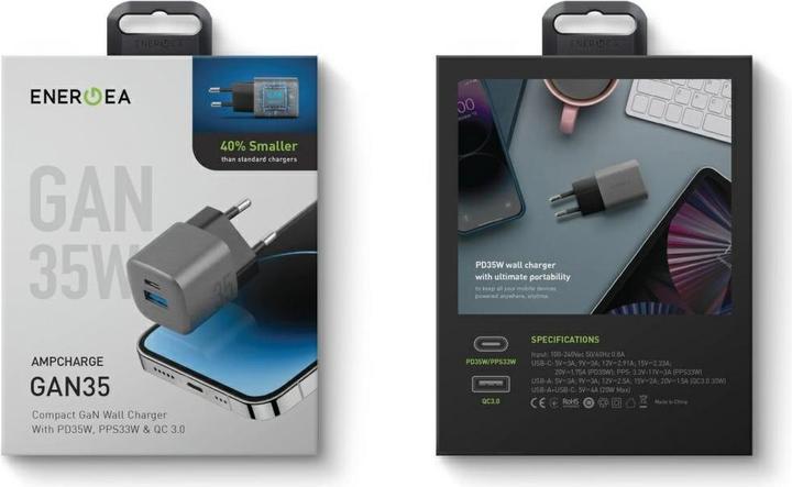 Actual product image Energea Wall Charger Ampcharge GaN35 1C1A PD/PPS/QC3.0 35W EU gunmetal (35 W, 2 ports)