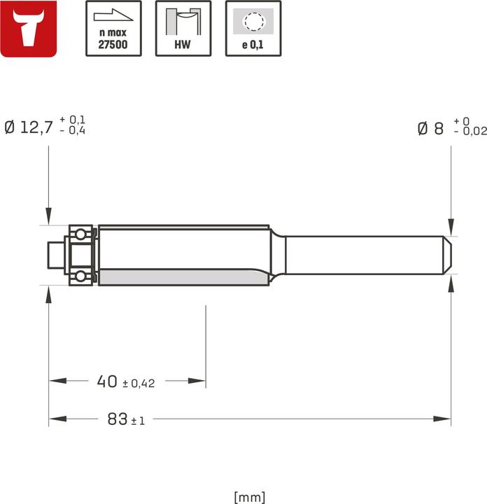 Produktbild Stier Bündigfräser HW 8 mm Durchmesser 12,7 mm NL 41 mm