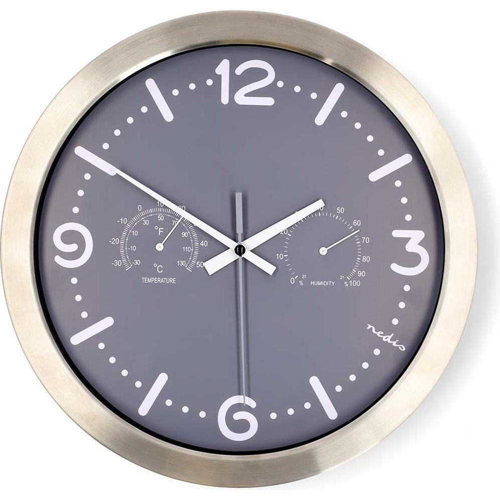 Nedis, Orologio da parete, Wanduhr Durchmesser: 300 mm Edelstahl Leise Bewegung Thermometer Hygrometer Grau / (30 cm)