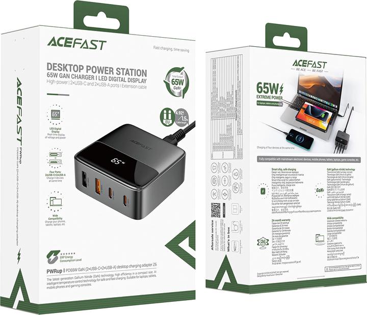 Produktbild Acefast Z6 Charger Network GaN Desktop 2x USB-A / 2x USB-C PD 65W - Black (65 W, 4 Ports)