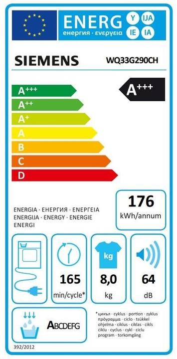 Etichetta energetica Siemens WQ33G290CH (8 kg, A destra)
