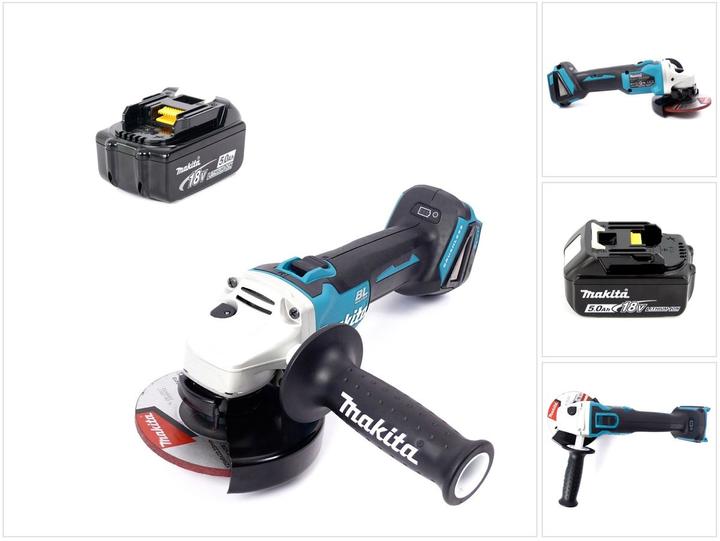 1x Makita DGA 504 Z cordless angle grinder, 1x Makita BL 1850 B 5.0 Ah battery, 1x Makita A-80656 grinding disc, 1x assembly tool, 1x additional handle