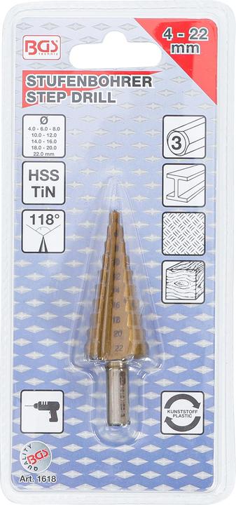 Actual product image BGS Step drill (6 mm, 12 mm, 14 mm, 22 mm, 16 mm, 10 mm, 18 mm, 8 mm, 20 mm, 4 mm)