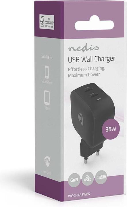Actual product image Nedis Netzladegerät | 35 W | GaN | PD3.0 | Schnellladefunktion | 1.75 / 2.33 / 2.92 / 3.0 A | Anzahl (35 W, 2 ports)