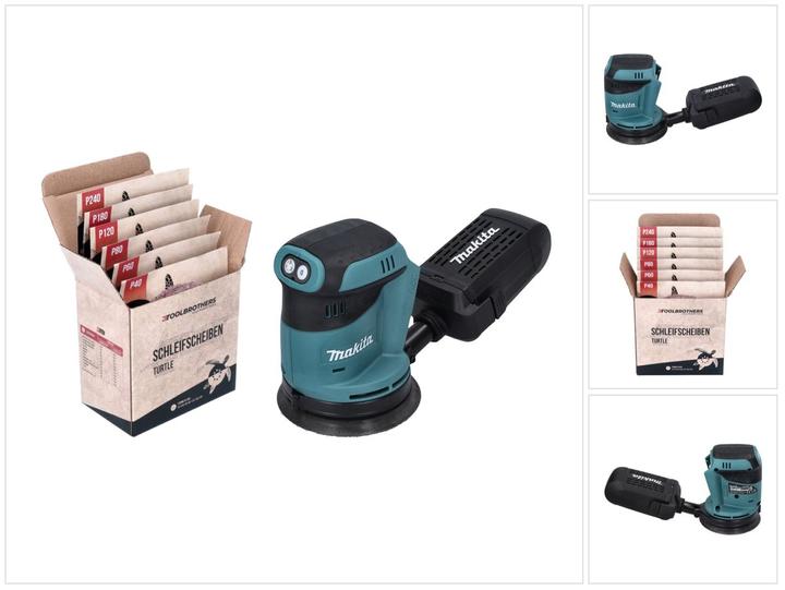 ohne Akku, ohne Ladegerät, 10x Schleifscheibe P120, 10x Schleifscheibe P60, 1x Staubsammelaufsatz, 10x Schleifscheibe P240, 1x Makita DBO 180 Akku Exzenterschleifer, 1x Toolbrothers TURTLE Schleifpapier Set 125 mm - bestehend aus: 10x Schleifscheibe P40, 10x Schleifscheibe P180, 10x Schleifscheibe P80