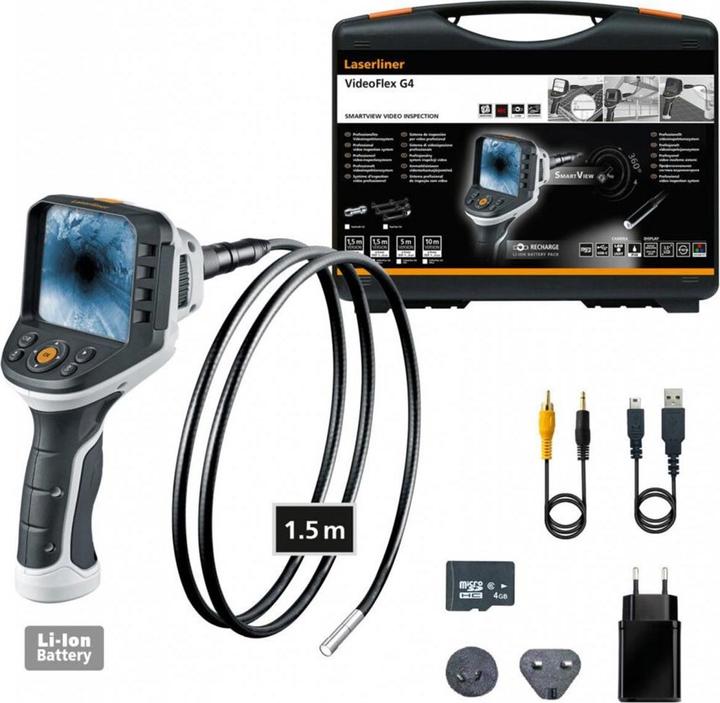 Ladegerät inkl. internat. Adapter USB-Kabel Videoverbindungskabel Tragekoffer, VideoFlex G4 MicroCamera 1,5 m Li-Ion Akkupack Netz-