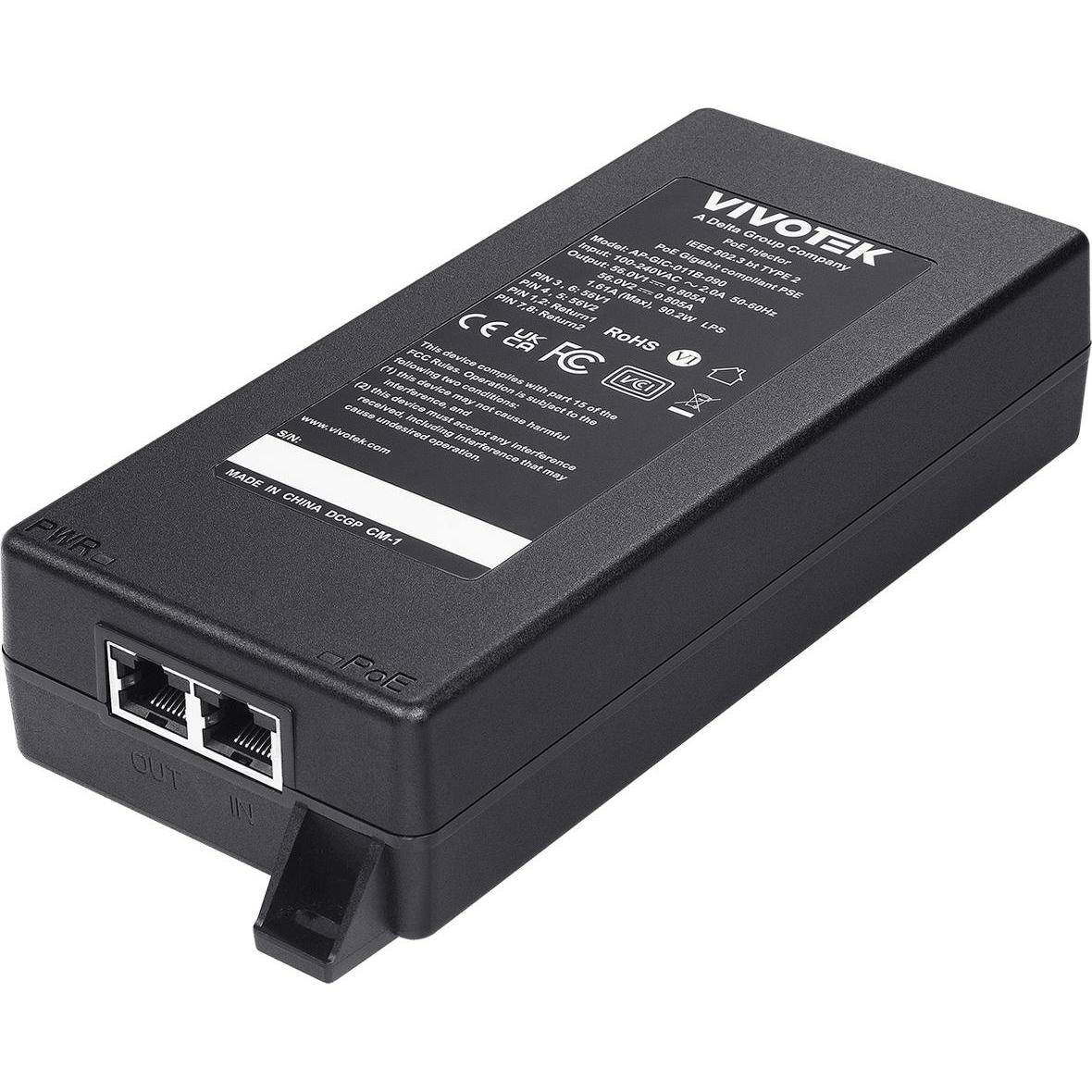 Vivotek AP-GIC-011B-090 Indoor Gigabit UPoE Injector, 90W (802.3af (PoE), 802.3bt (PoE++), 802.3at (PoE+), 90 W), PoE In...