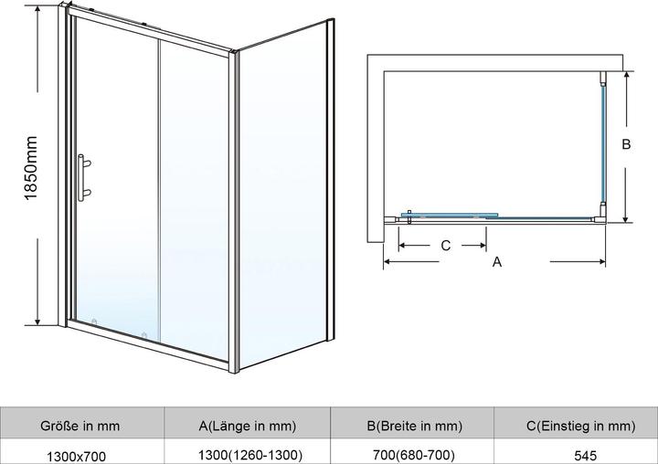 Actual product image SONNI shower cubicle, 130 x 70 cm, sliding door, ESG safety glass, shower enclosure, shower door wit (130 cm, 130 cm, 185 cm)