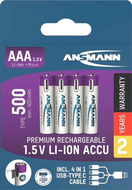 Immagine prodotto Ansmann LR03 USB-C Micro (AAA) batteria ricaricabile Li-Ion 500 mAh 1,5 V 4 pz. (4 pz., AAA, 400 mAh)