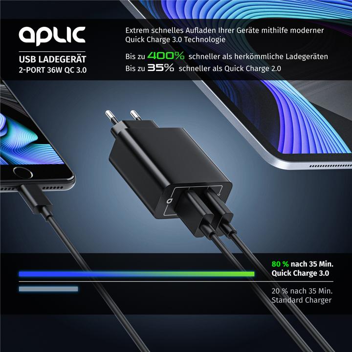 Actual product image Aplic USB charger, 2-port Quick Charge USB charger 36 W / 6000 mA / fast charging function, black (36 W, 2 ports)