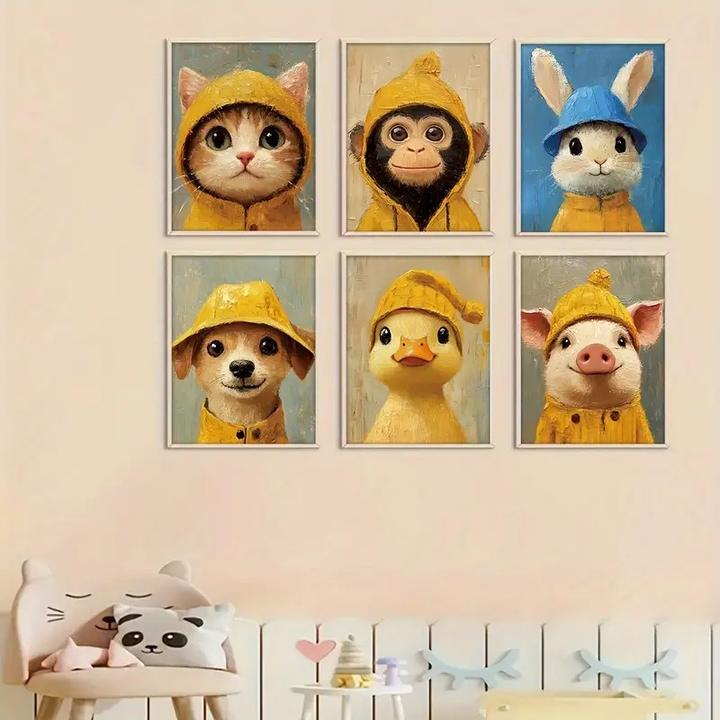 Actual product image ASMI 6 Stück niedliche Tierkinder, Poster auf Leinwand im Ölgemälde-Stil ungerahmt (30 x 20 cm)