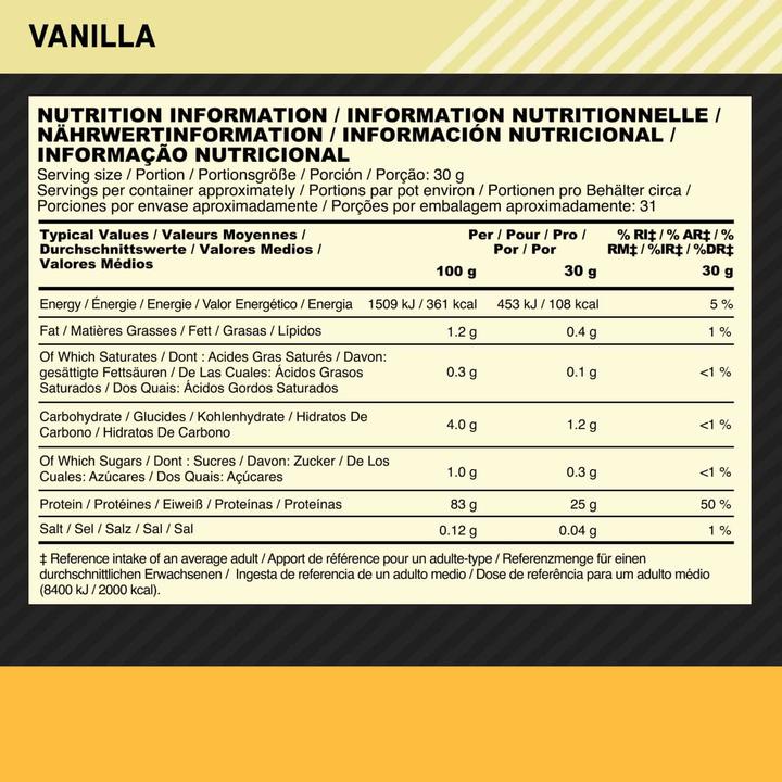 Valori nutrizionali e ingredienti Optimum Nutrition Isolato Gold Standard (Vaniglia, 1 pz., 930 g)