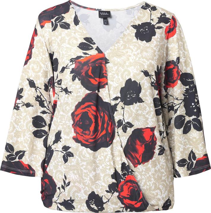 Ulla Popken Shirt, Rosen, Wickeloptik, V-Ausschnitt, 3/4-Glockenärmel