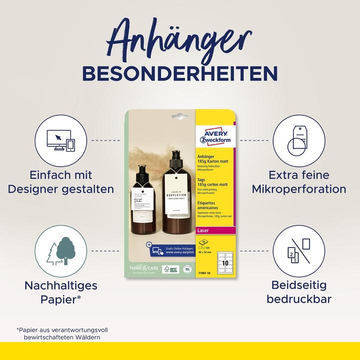 Produktbild Avery Kartonanhänger, 185 g/qm, 90 x 50 mm, weisse extra feine Mikroperforation, beidseitig bedruckt